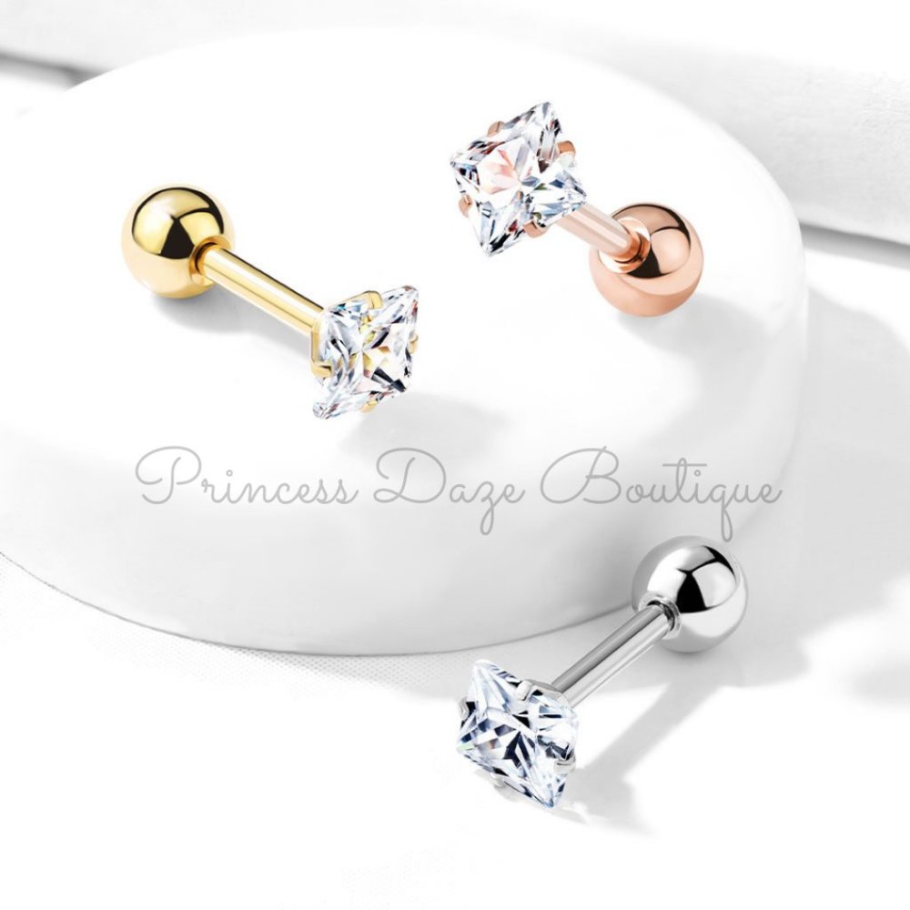 Prong Set Square CZ Cartilage / Tragus Barbell Stud‎ Earrings